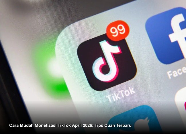 Ilustrasi smartphone menampilkan aplikasi TikTok dengan notifikasi pop-up berisi simbol mata uang dan grafik kenaikan penghasilan.