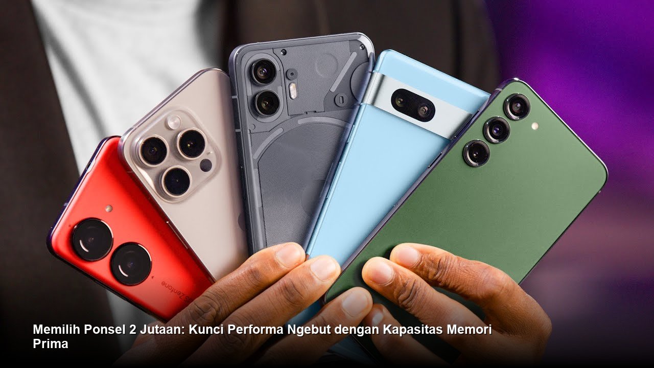 Tumpukan beberapa model ponsel pintar modern yang diletakkan berdampingan di atas meja.