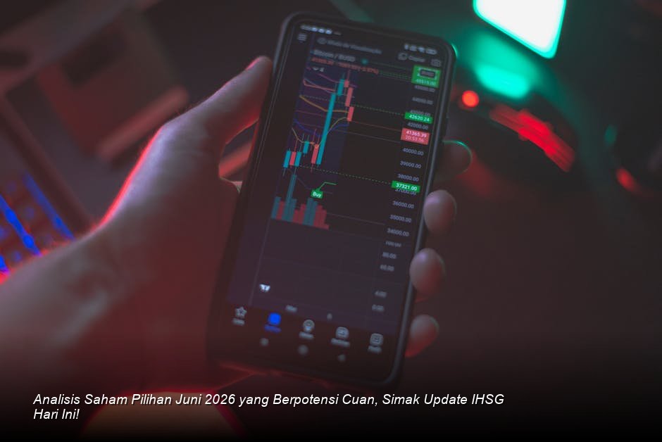 Grafik lilin (candlestick) berwarna hijau yang menunjukkan tren kenaikan moderat di atas garis rata-rata bergerak (moving average) dalam suasana ruang trading bursa saham modern.